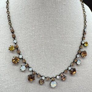 Gold Tone Necklace Chain Smokey Brown and White Round Stones 17 inches